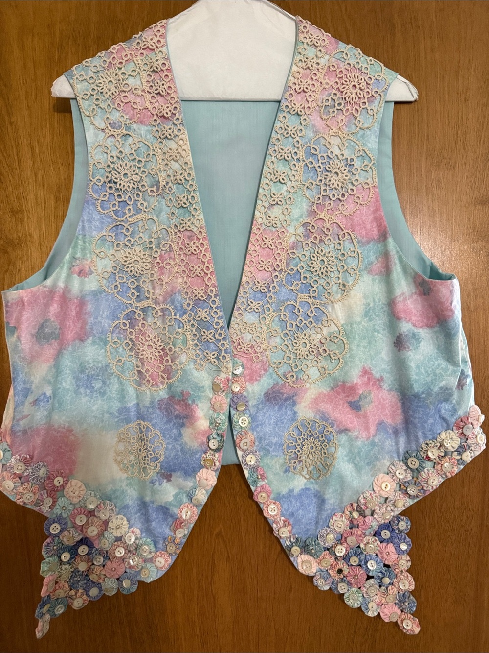 Beautiful Handmade Vintage Floral Lace-Trim Vest - Multicolor. Yoyo’s, buttons
